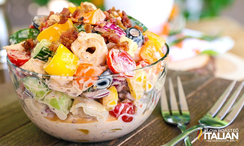 bowl of bacon ranch tortellini salad