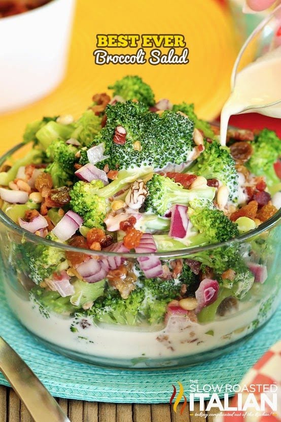 The Best Ever Broccoli Salad is a simple recipe combining broccoli, bacon, raisins, onion and nuts.  They come together in the most amazing summer salad yet.  The sweet and creamy dressing really makes this the perfect summer side that you won't be able to get enough of!