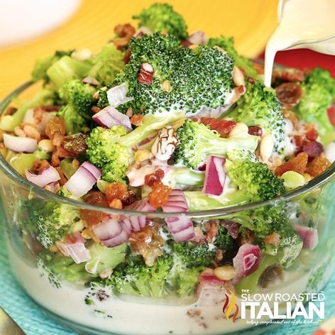 broccoli salad with bacon in glass bowl