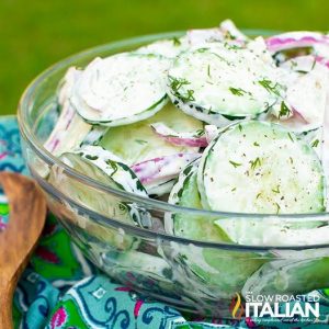 creamy cucumber salad in glass bowl