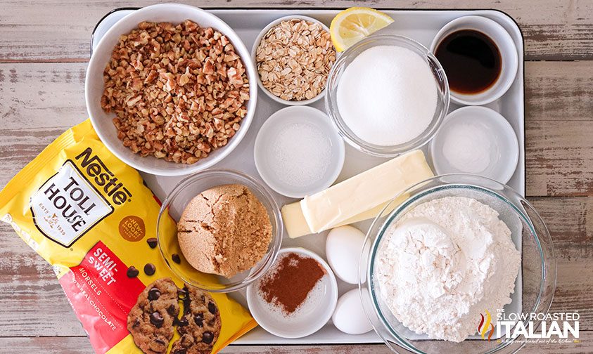 doubletree chocolate chip cookie ingredients in small bowls
