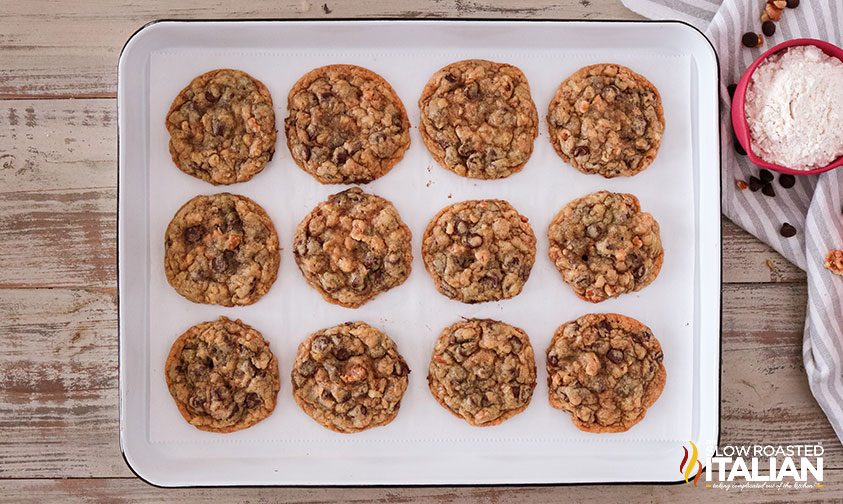 overhead: one dozen Doubletree cookies on baking sheet