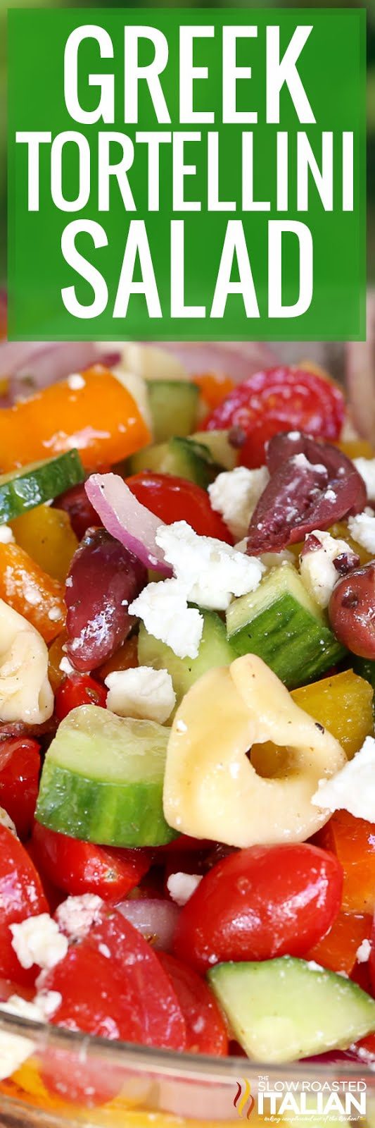 Greek tortellini pasta salad, close up.