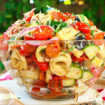 large bowl of pizza tortellini pasta salad