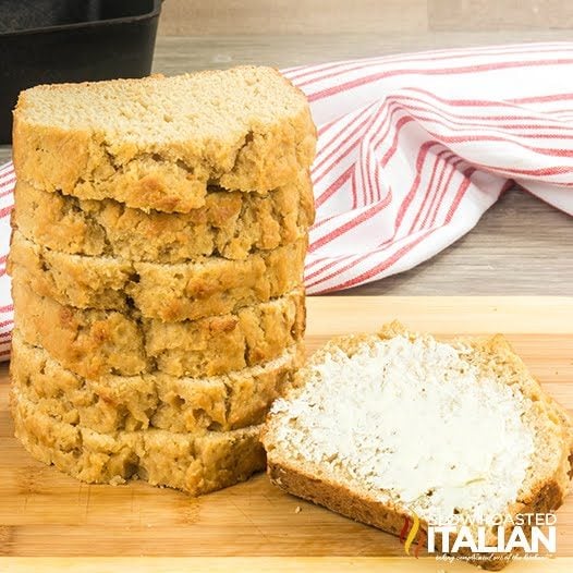 root beer quick bread slices in a stack