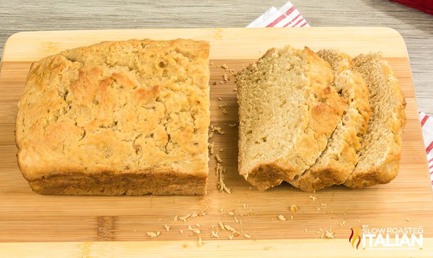 overhead: slices and loaf of root beer bread on cutting board