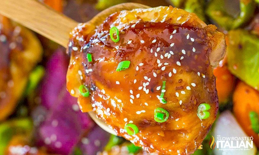 close up: baked teriyaki chicken thigh on serving spoon