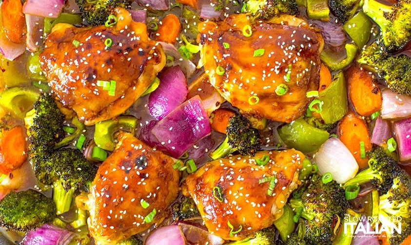 teriyaki chicken thighs and veggies on sheet pan