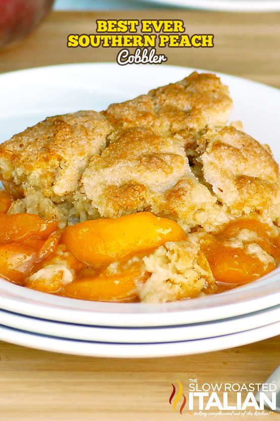 Southern Peach Cobbler in a white bowl