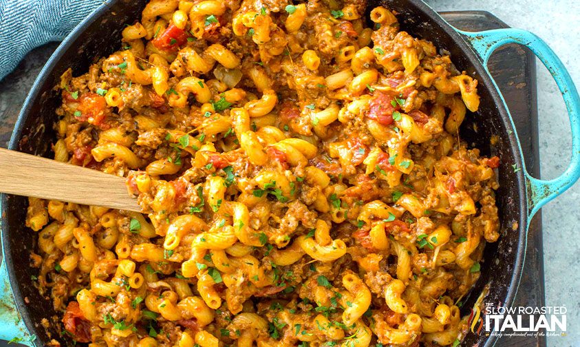 American goulash in a skillet