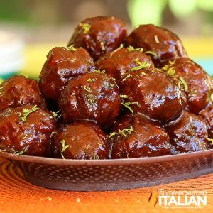 sriracha glazed meatballs on platter