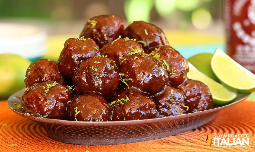 sriracha honey meatballs on platter