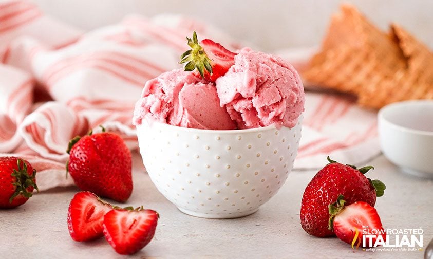 homemade no churn strawberry ice cream in white bowl
