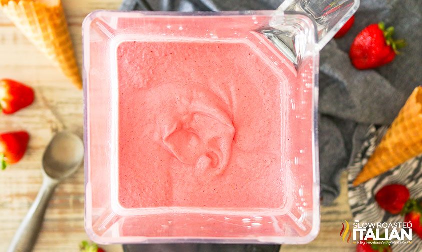 2 ingredients in blender for homemade strawberry ice cream