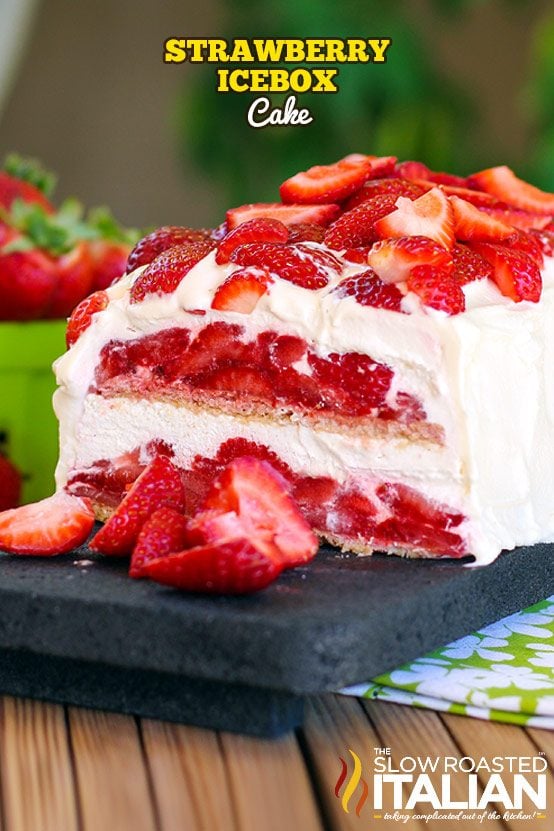 titled (shown on black serving platter) strawberry icebox cake