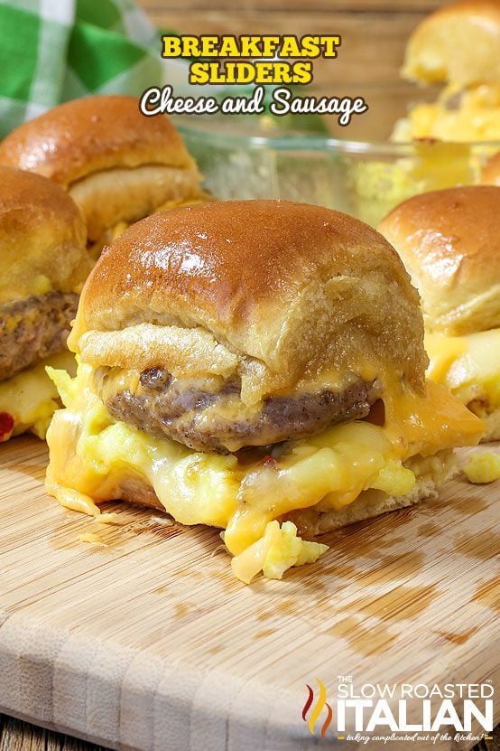 titled: (shown close up) breakfast sliders with cheese and sausage