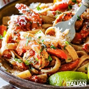 spicy shrimp with pasta, close up