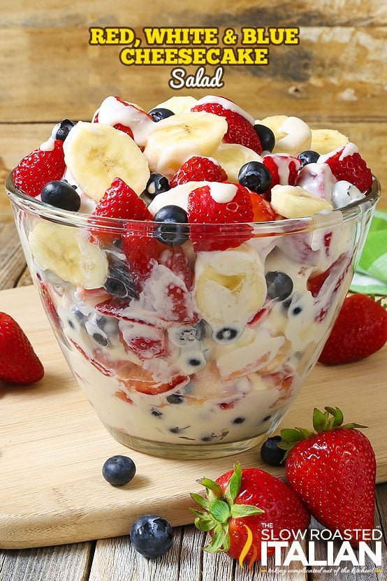 red white and blue cheesecake salad in clear glass bowl