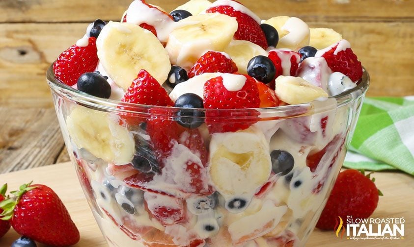 strawberries blueberries and bananas with cream cheese and sour cream dressing