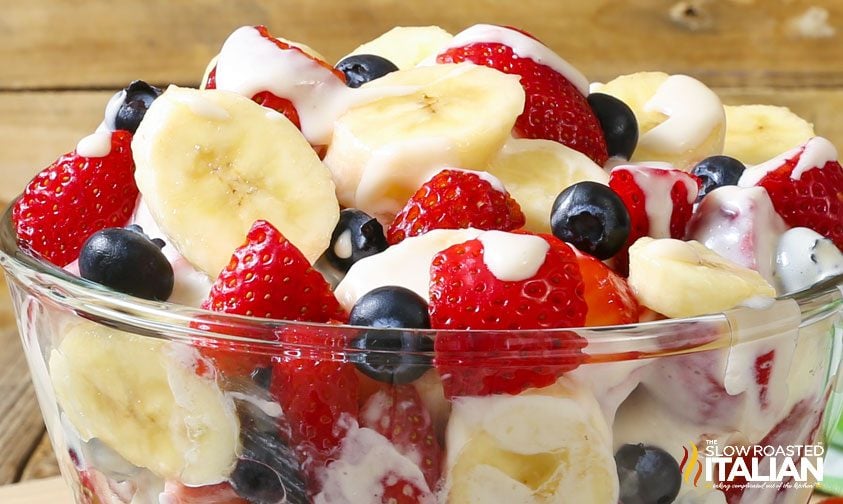 closeup: red white blue cheesecake salad