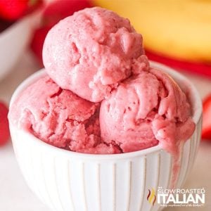 3 scoops strawberry banana ice cream in white bowl