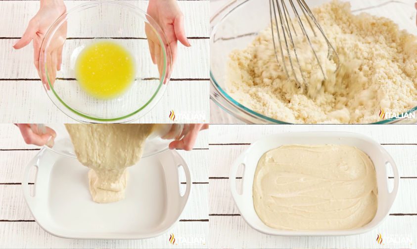 dump cake with peaches - mix, pour