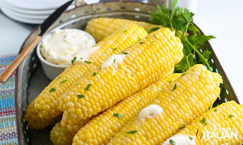 Instant Pot Corn on the Cob cooked and on a serving  tray