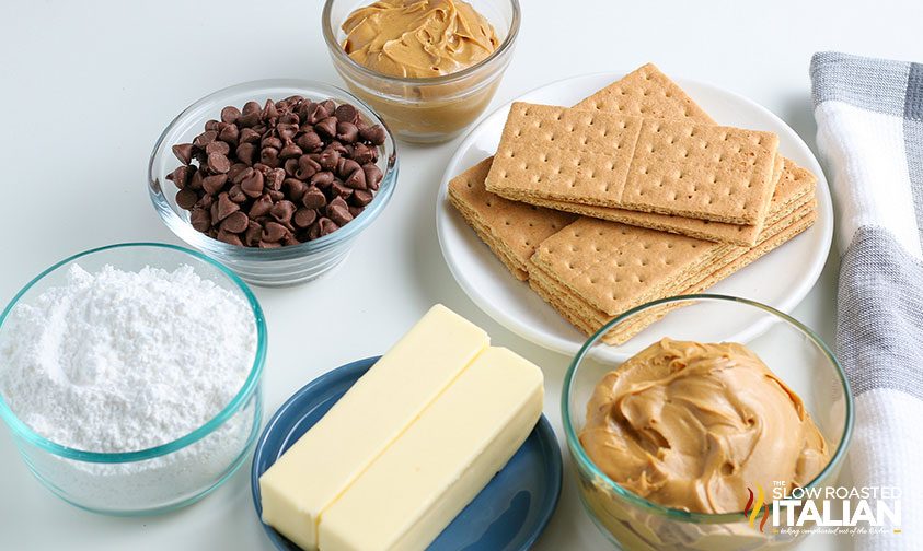 ingredients in bowls on counter to make no bake dessert bars