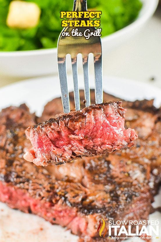 steaks on the grill cut and on a fork