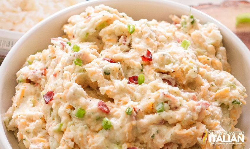 ranch mashed potato salad in white bowl