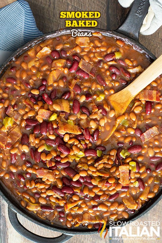 Smoked baked beans in a cast iron pan