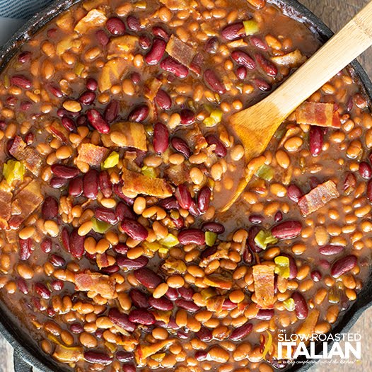 pot of smoked baked beans with serving spoon