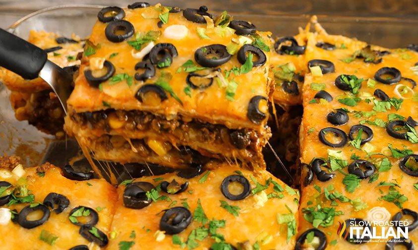 Taco Lasagna sliced and served