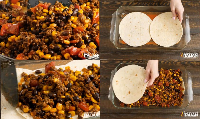 Taco Lasagna layering the casserole