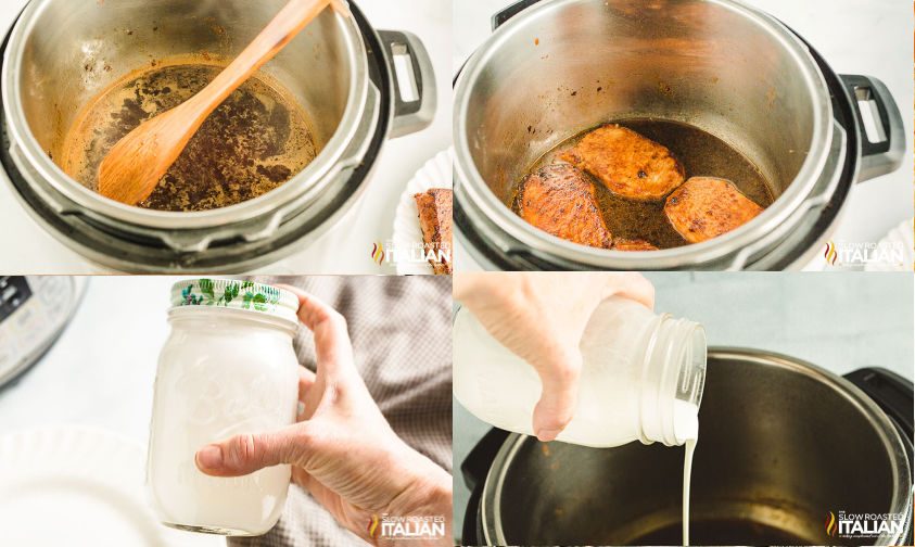 image collage: making instant pot pork chops with gravy, adding a cornstarch slurry at the end