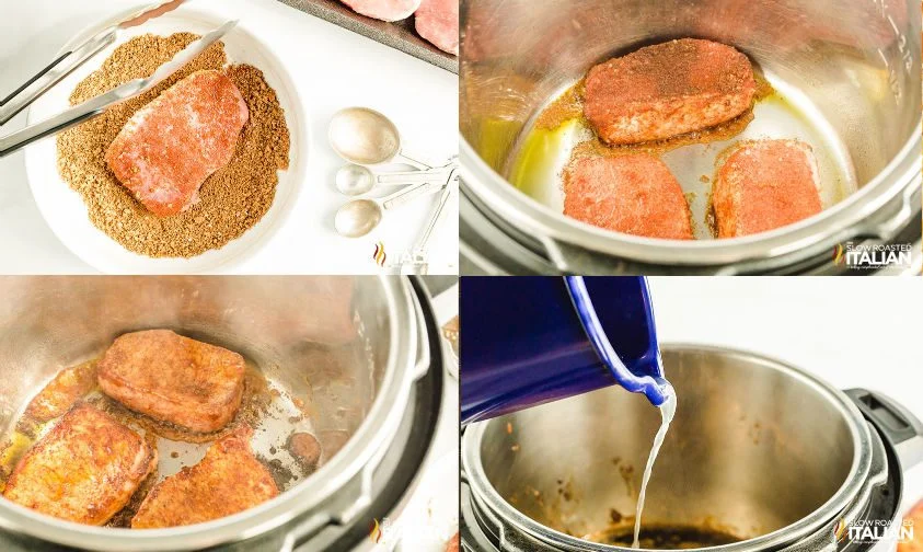 image collage: seasoning pork chops and searing them in a pressure cooker
