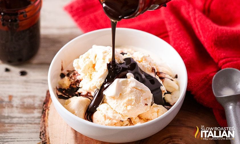 chocolate syrup poured over ice cream