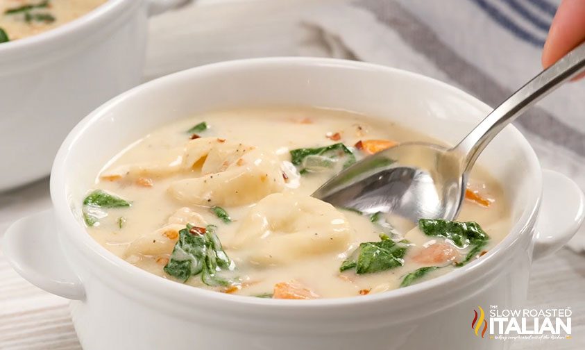 bowl of creamy chicken soup with tortellini