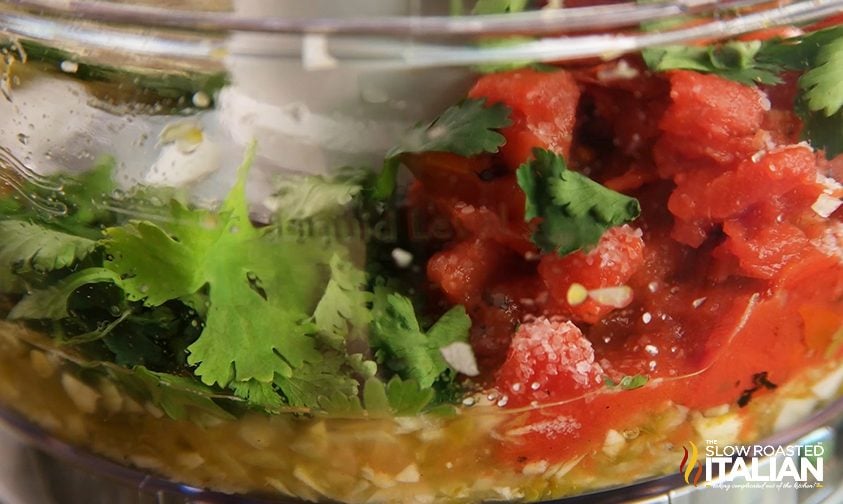 adding cilantro to canned fire roasted tomatoes infood processor