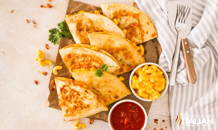 macaroni and cheese quesadillas on a tray