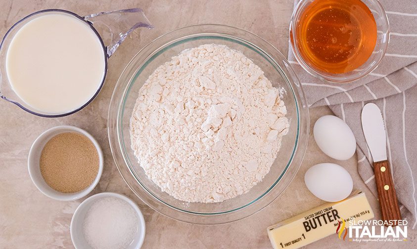 rolls ingredients: flour, milk, yeast, honey, butter, eggs