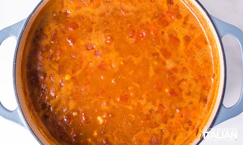 chili soup without the cheese in a dutch oven