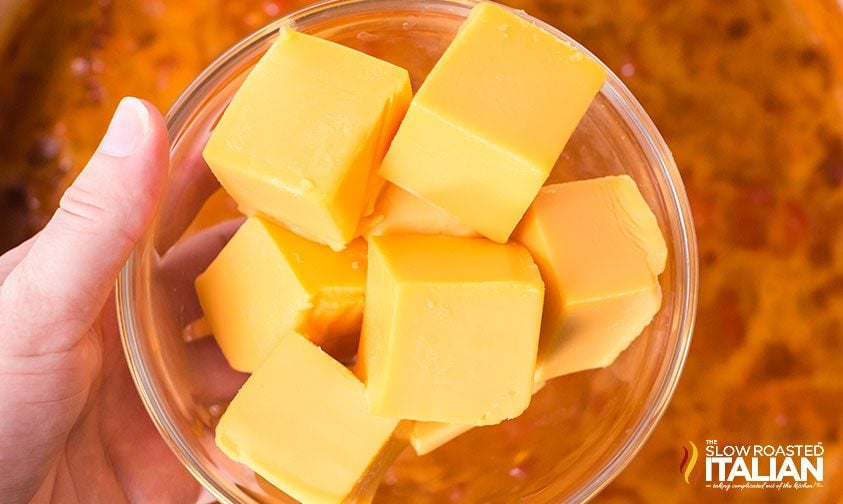 cubes of velveeta cheese in a bowl