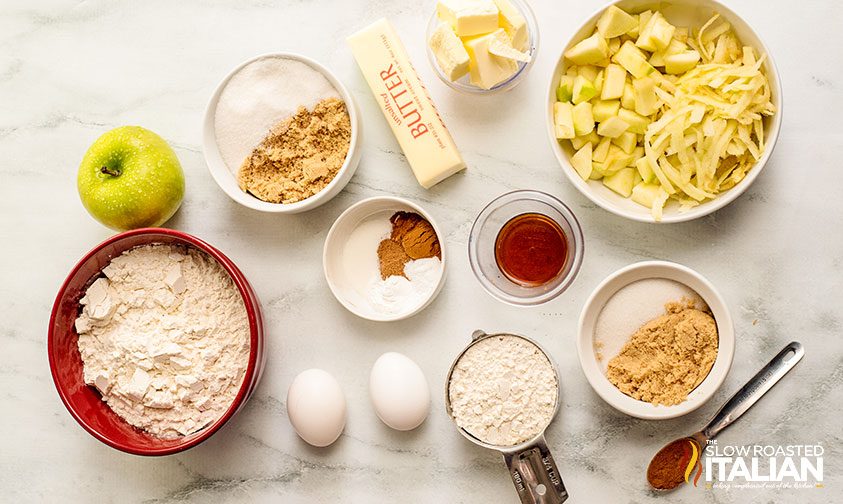 overhead: bowls of ingredients for apple muffins recipe