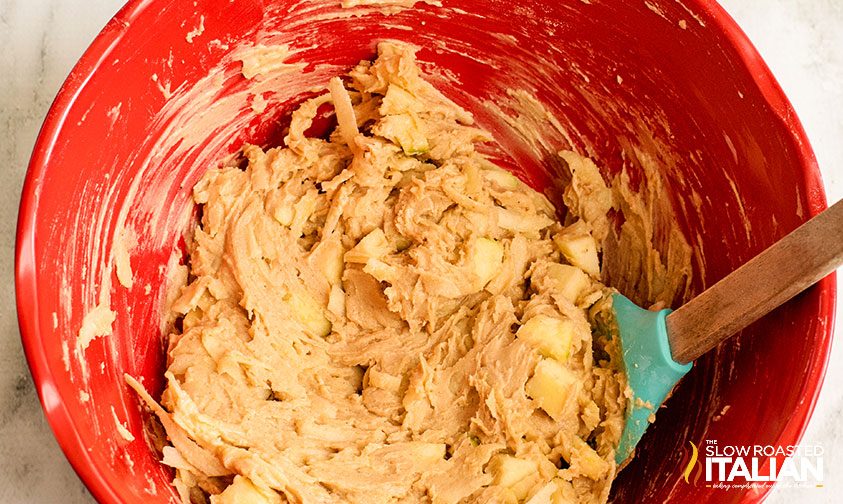 sweet batter in red mixing bowl