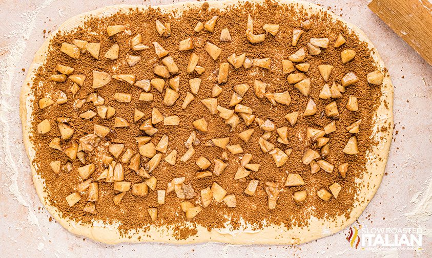 dough rolled out with brown sugar and apple chunks