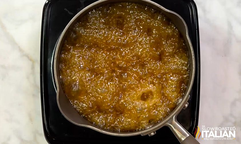 pecan pie mixture boiling in pot