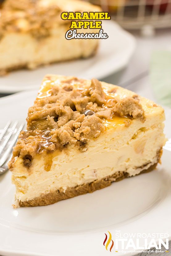 plated slices of apple crisp cheesecake.