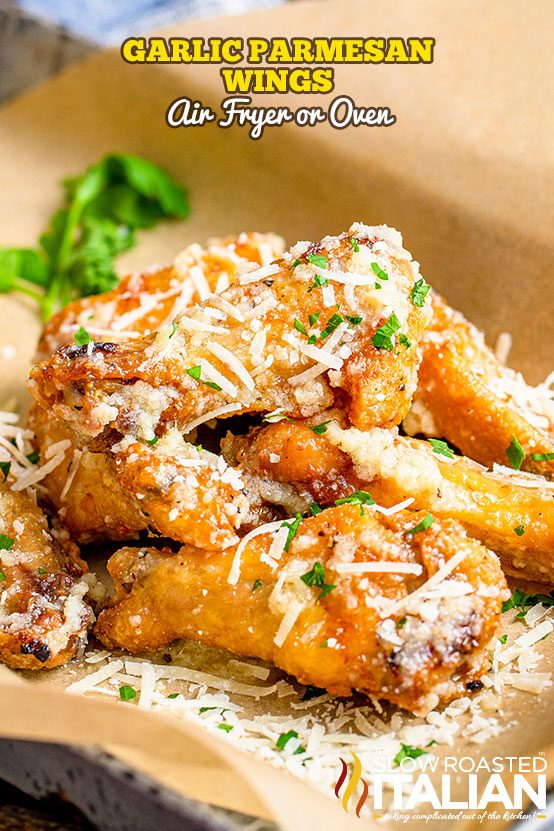 garlic parmesan wings on brown paper