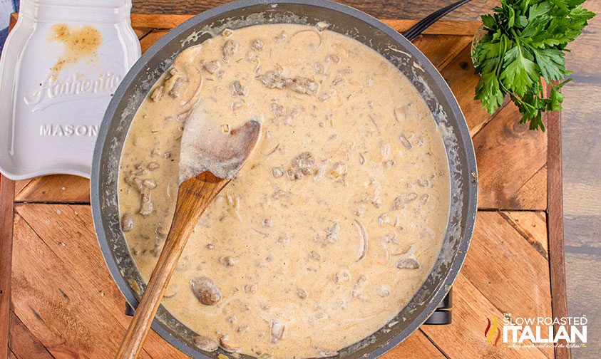 stroganoff cooking in pan